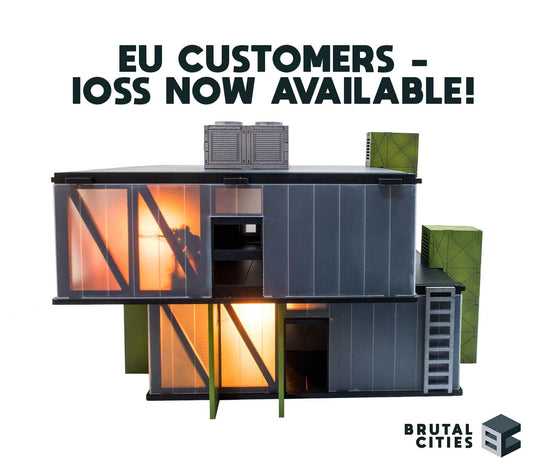 Scifi Wargaming terrain with text reading EU Customers - IOSS Now Avaliable!