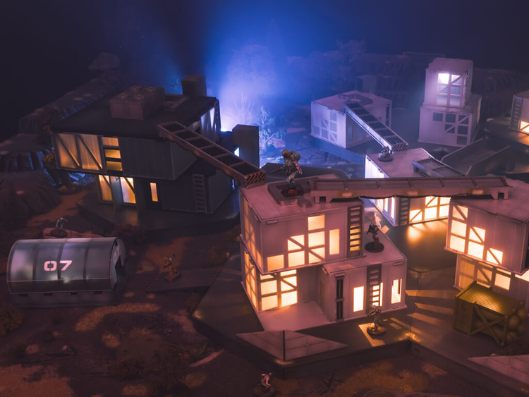 28mm sci fi terrain night - lit up model buildings