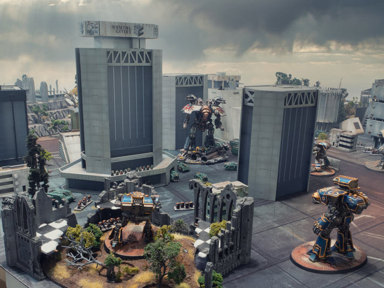 6mm scale sci-fi city with legions imperialis titans fighting amongst skyscraper buildings