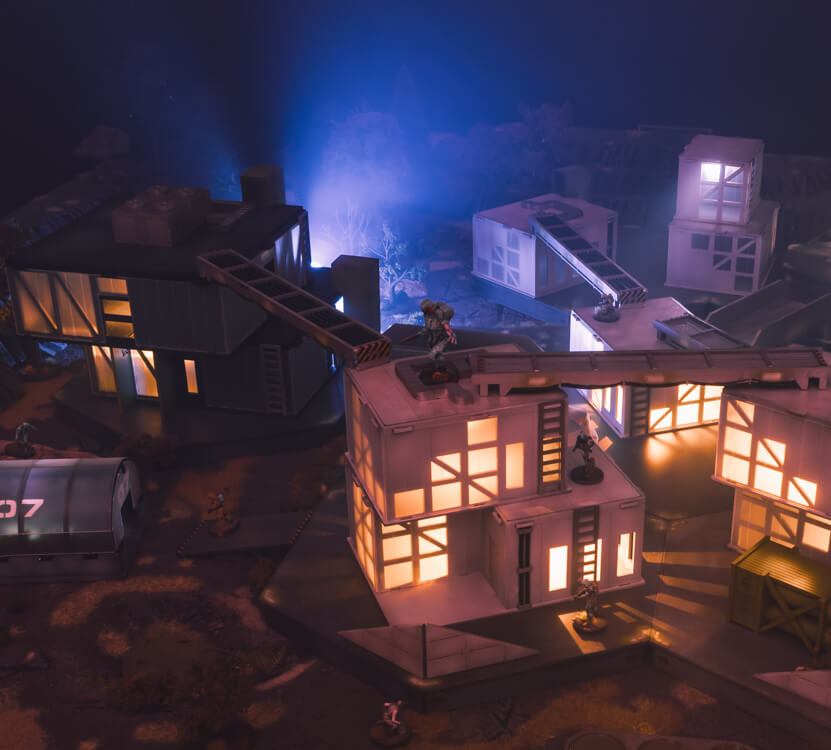 28mm terrain sci fi base with miniatures at night