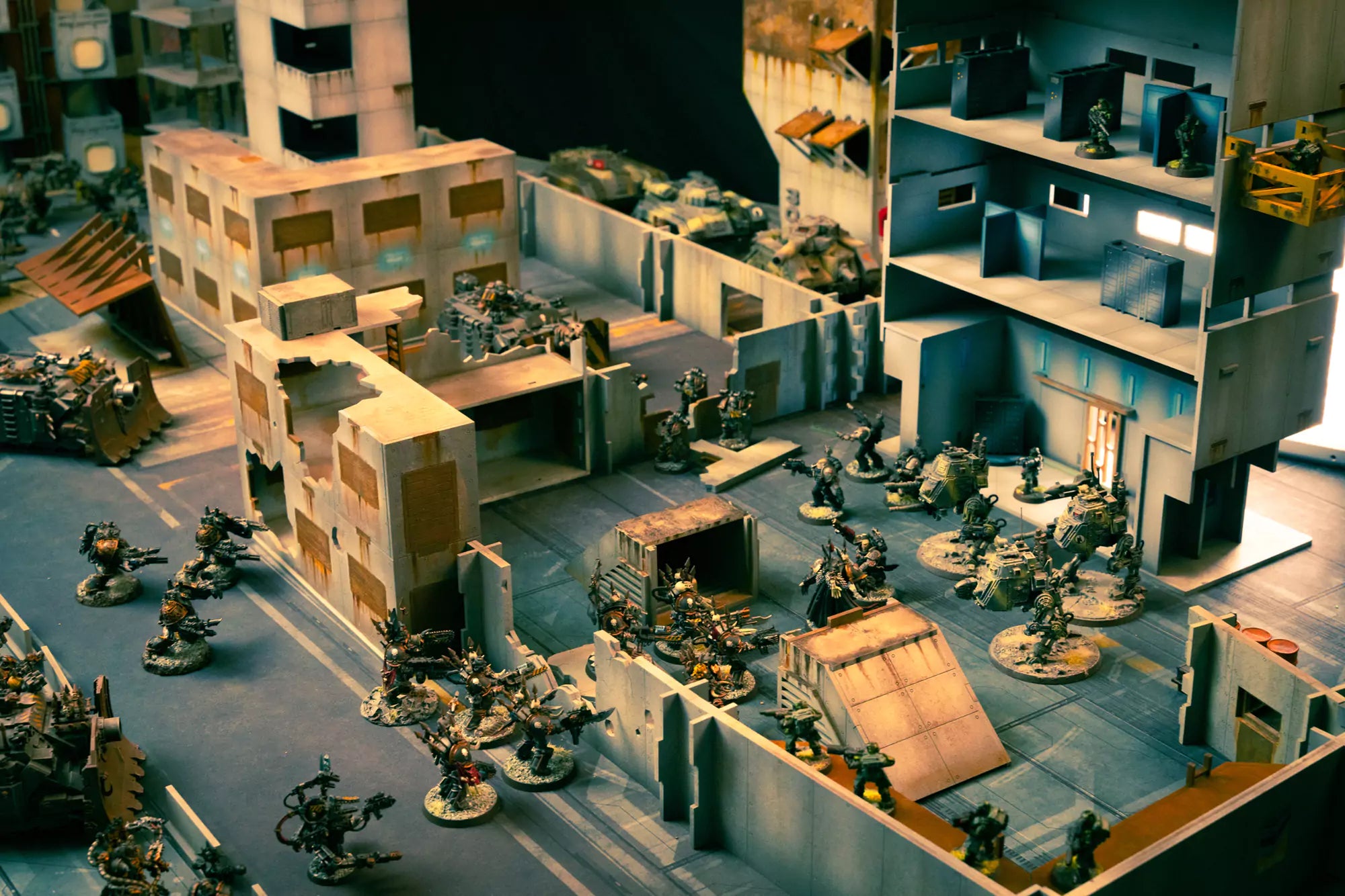 chaos space marines and astra militarum fighting in ruined fortress terrain