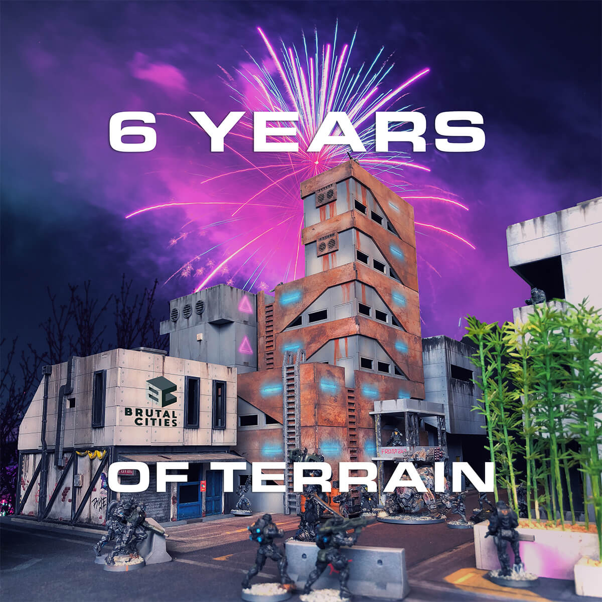 Wargame terrain buildings with infinity miniatures. Text reads "6 years of Wargaming Terrain"