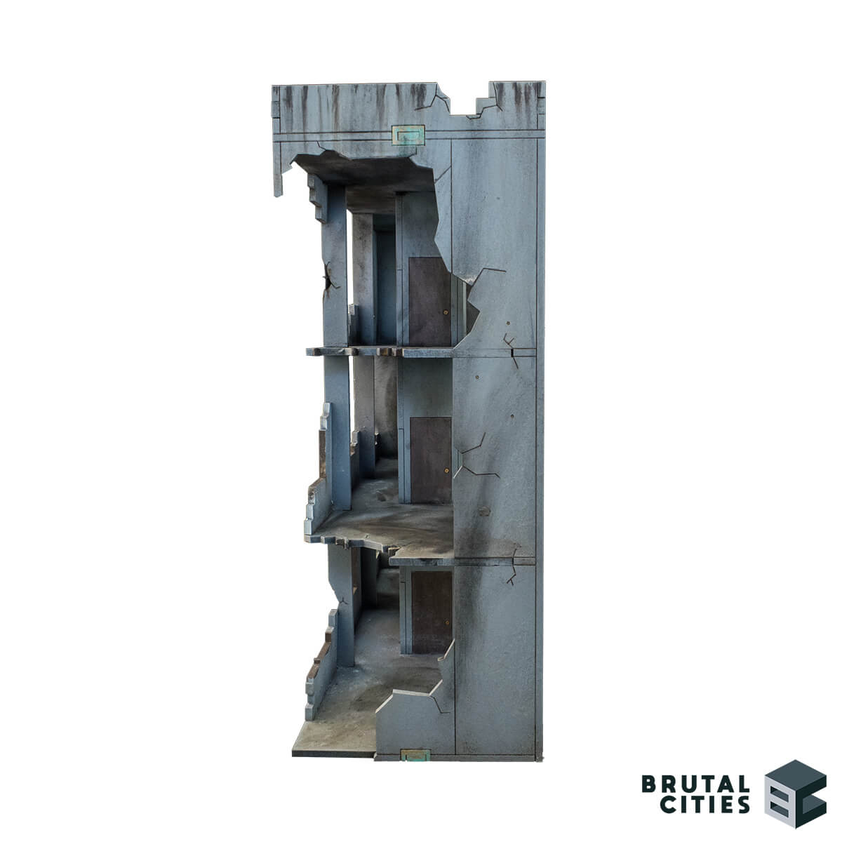 side view of a ruined concrete apartment