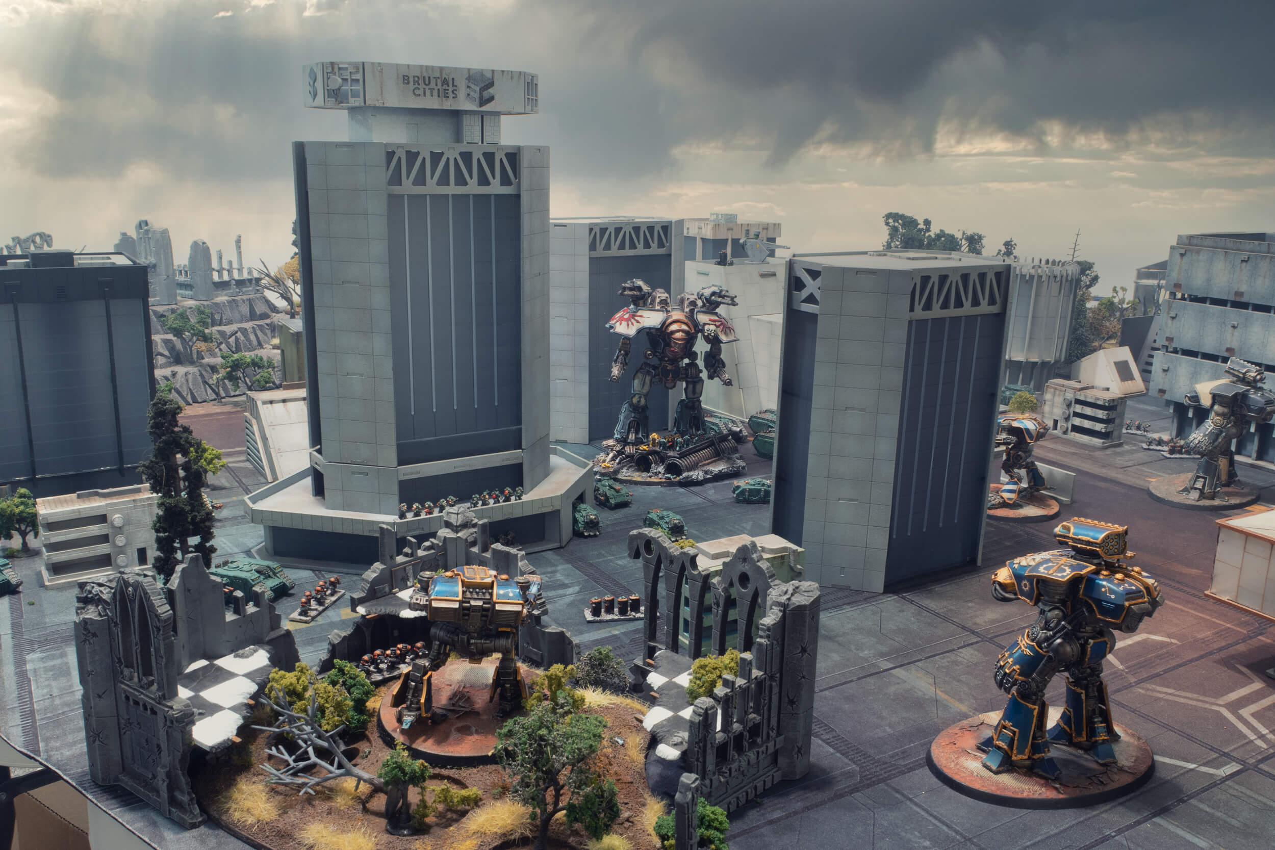 Titans and space marines from legions imperialis fighting in city terrain