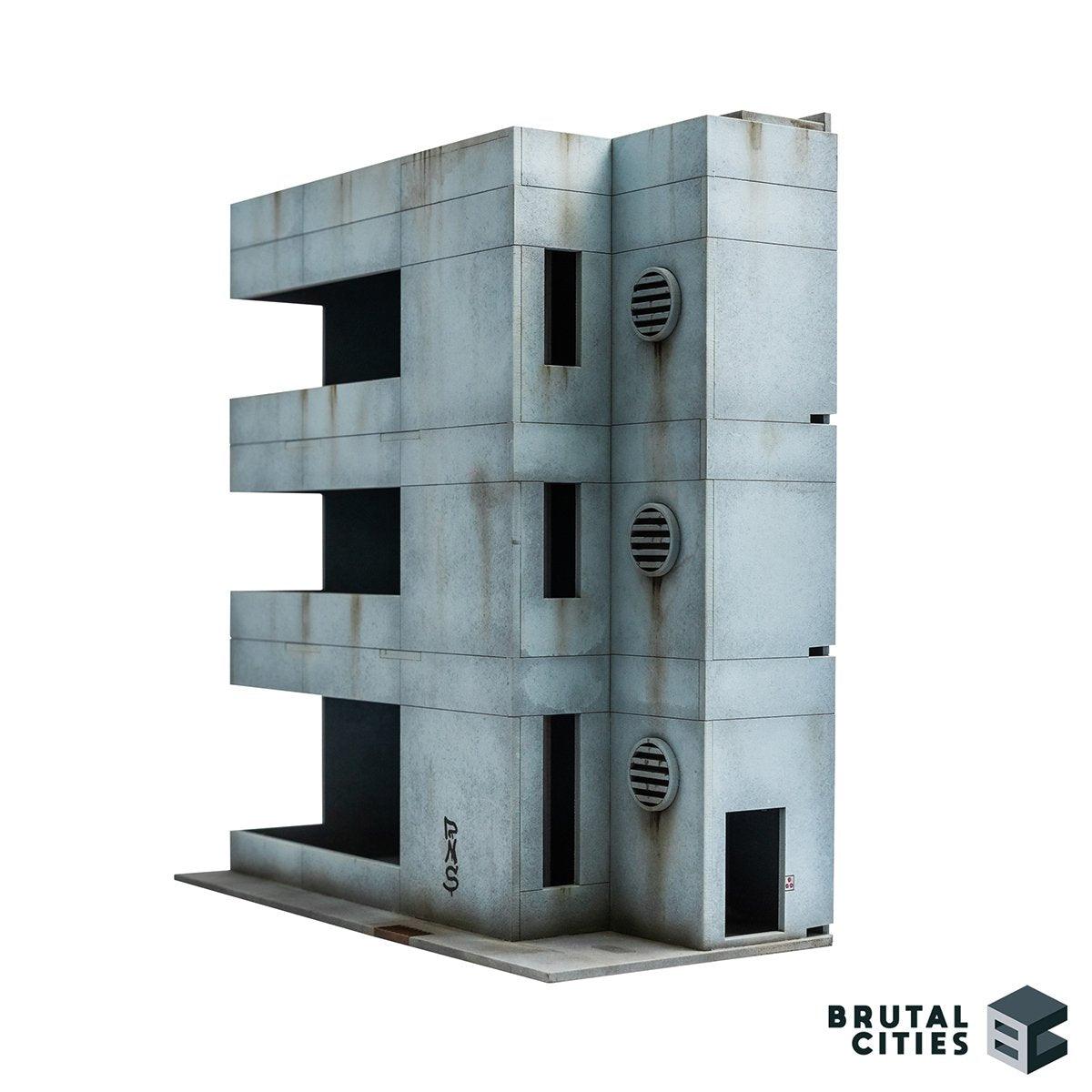 cyberpunk office building with three floors and interior access