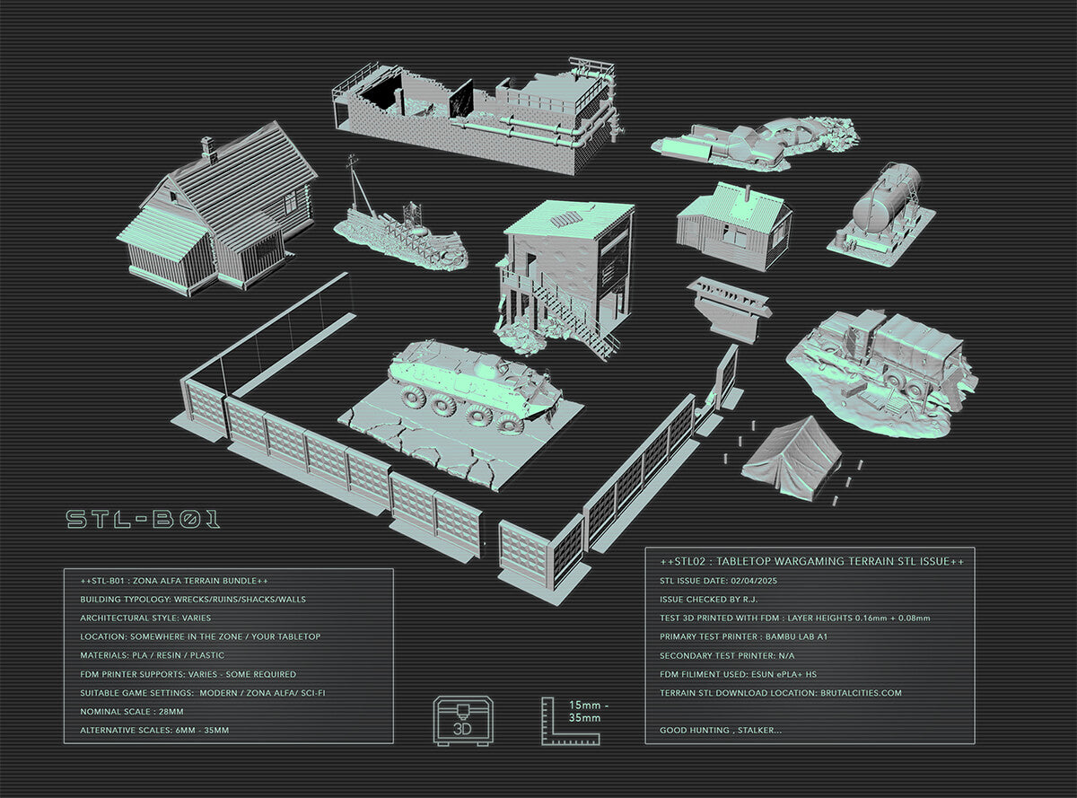 diagram showing ruined buildings, walls, vehicle wrecks and shacks and scatter terrain for 3d printing