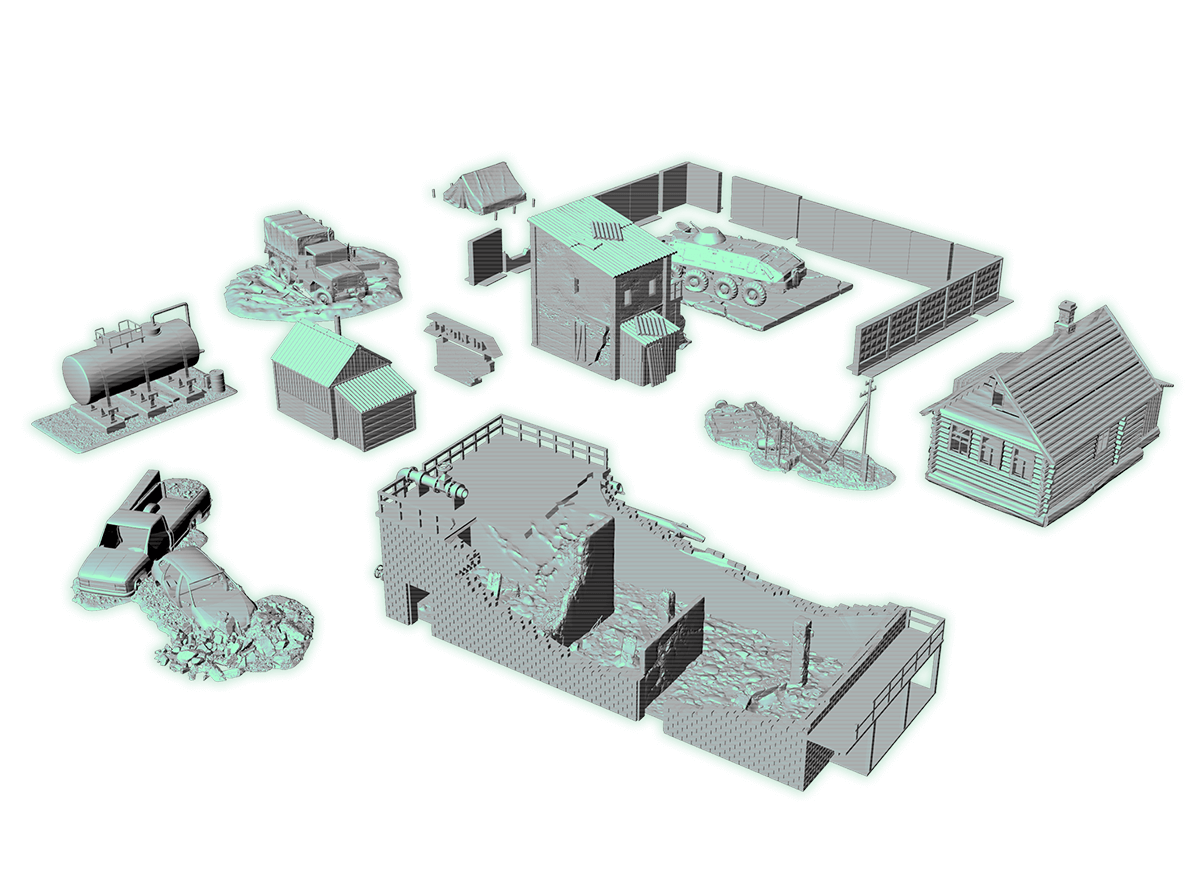 zona alfa themed ruined buildings, walls, shacks, vehicle wrecks and scatter terrain for 3d printing