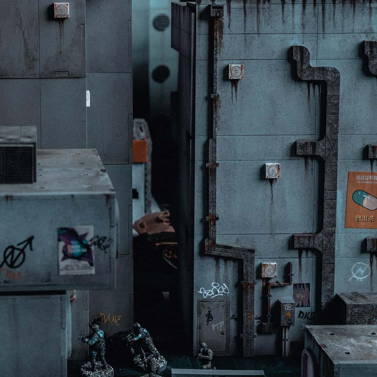 dark alleyway miniature terrain with HVACducting and gubbins on wall
