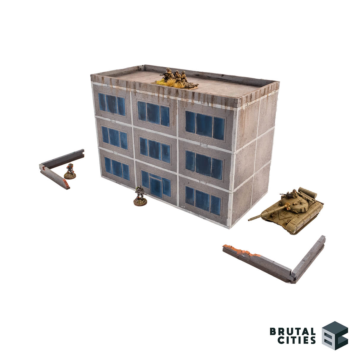 Model of a 15mm scale apartment building with miniature tanks and accessories on a white background, featuring the brand 'Brutal Cities'.