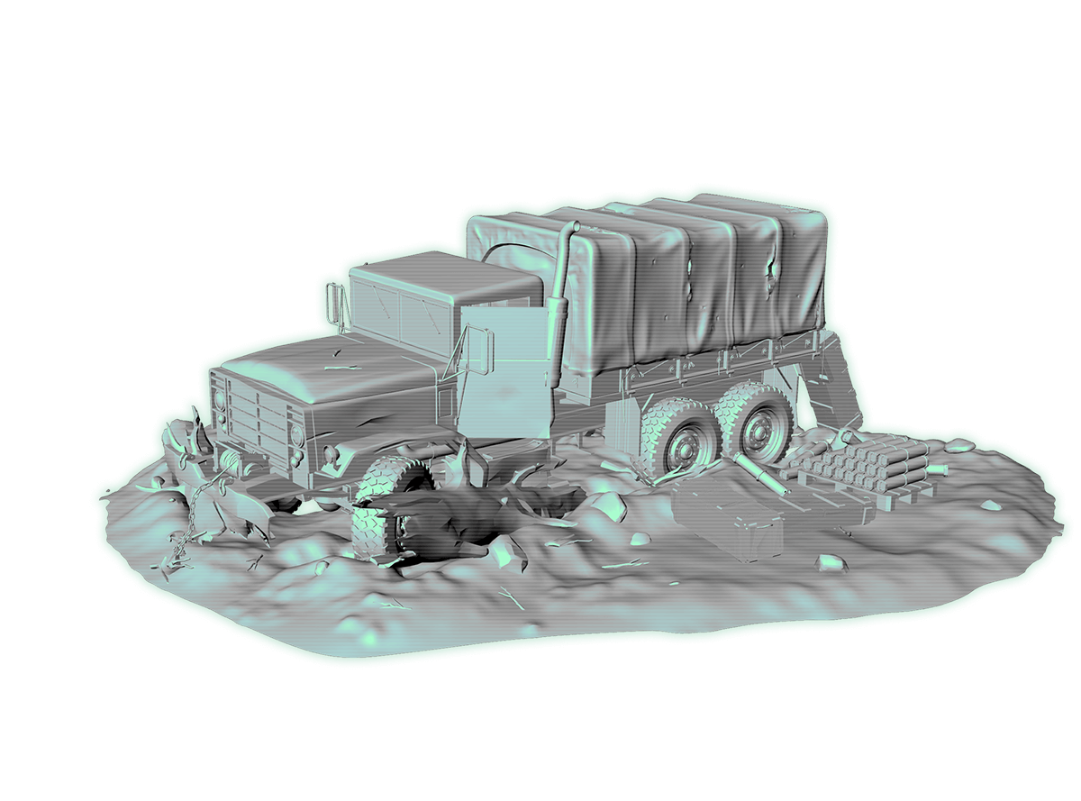 wrecked supply truck scatter terrain