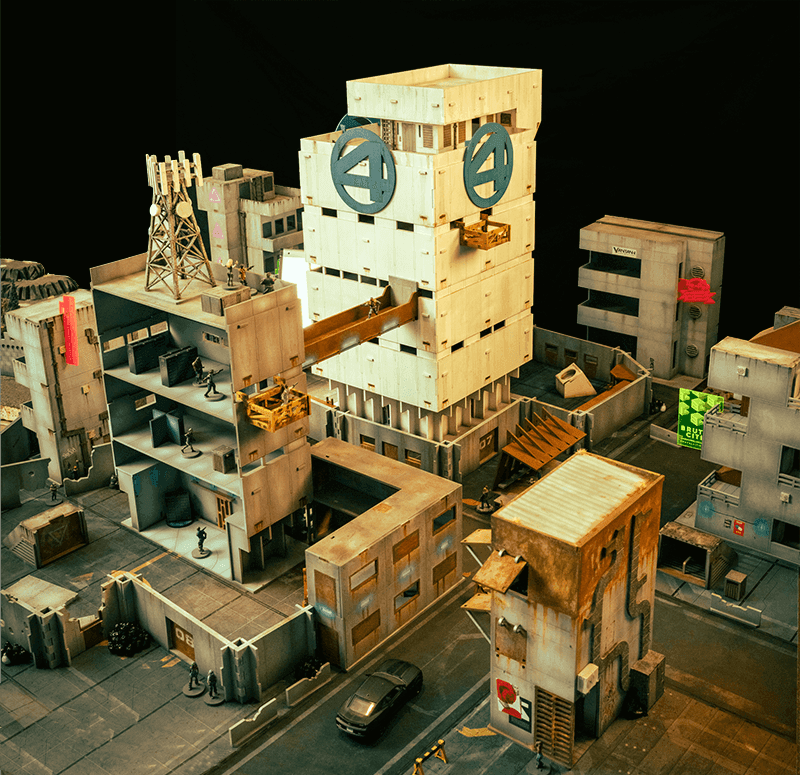 Judge Dredd miniatures fighting in mega city one wargaming terrain