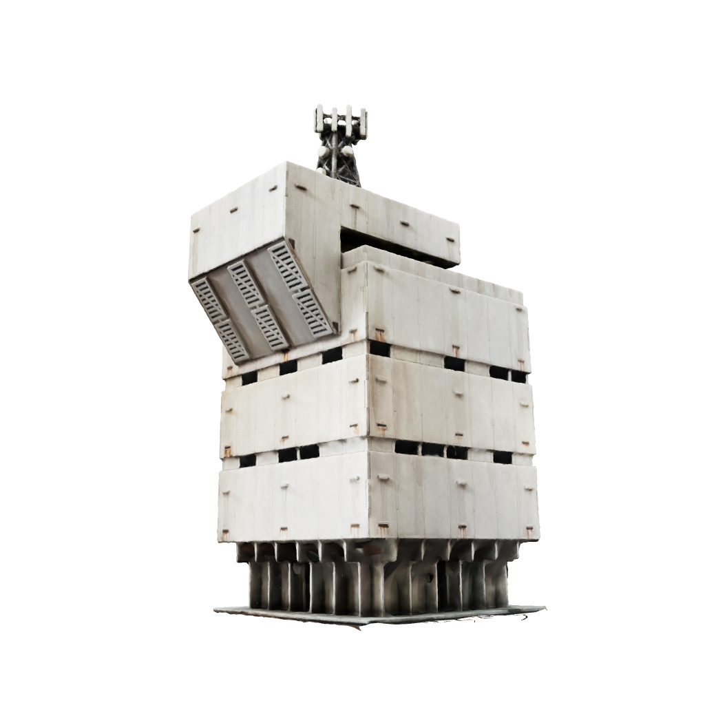 Bruteopolis Plaza tower - brutalist tower terrain for wargaming. white 5 storey building