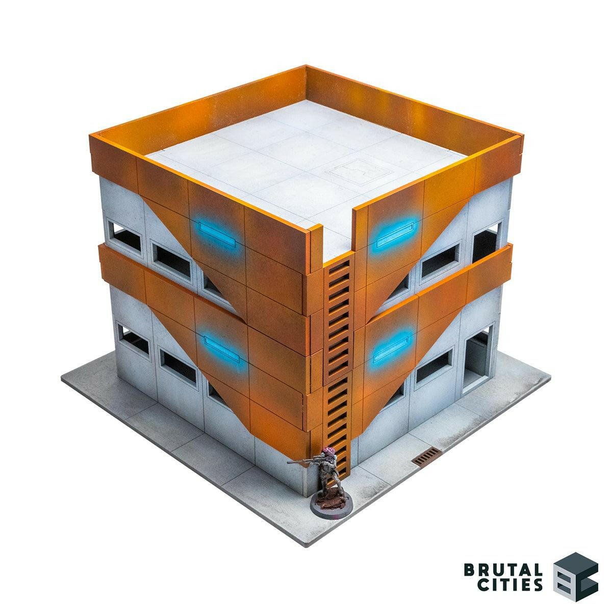 Three stories of stackable terrain office buildings with ladder
