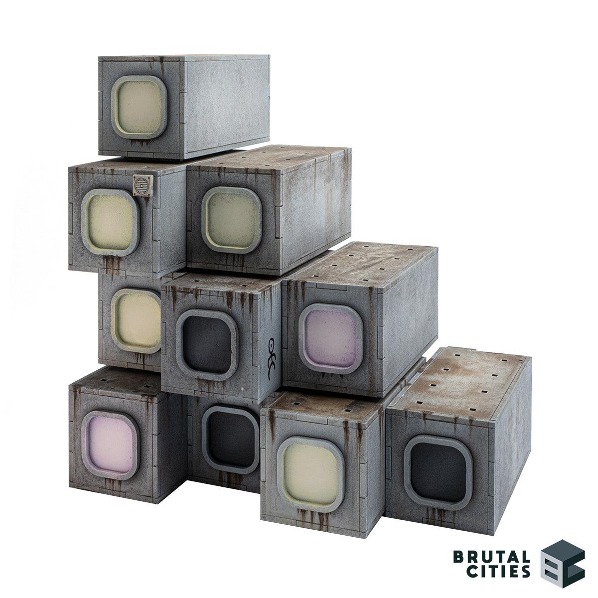 Several modular housing capsules stacked at different levels