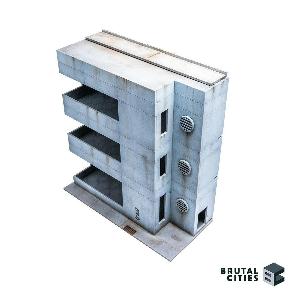 Minimalist concrete brutalist office building for wargaming