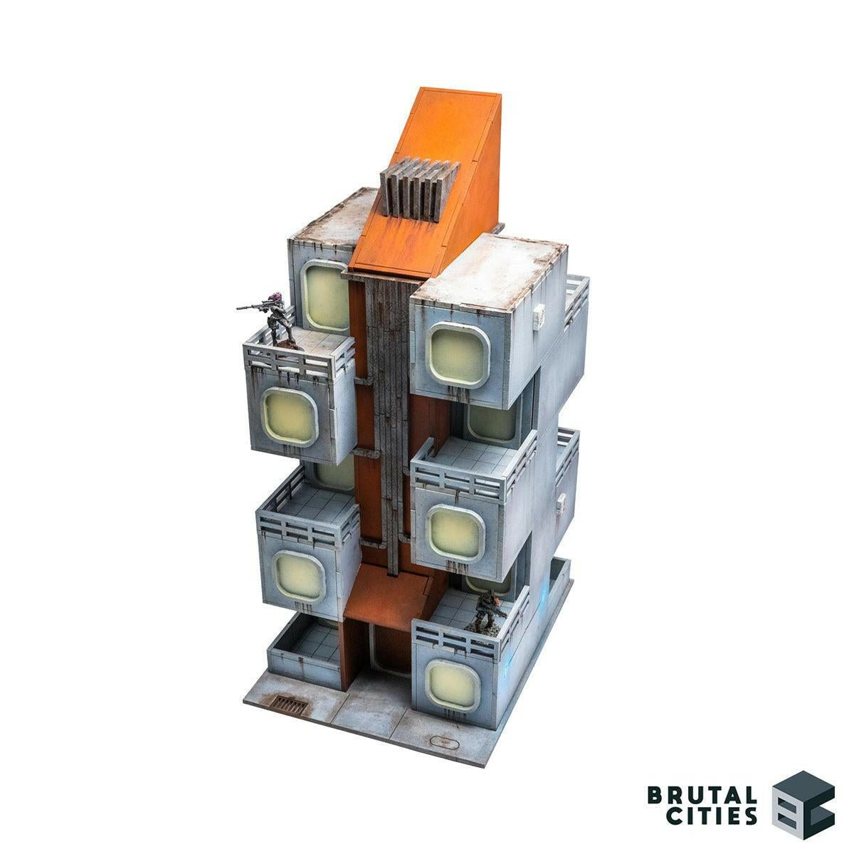Infinity miniatures on neo-tokyo cyberpunk tower terrain - concrete and orange