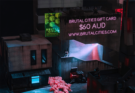 cyberpunk scene with neon lights in a dark urban city with the text 'gift cards available now'
