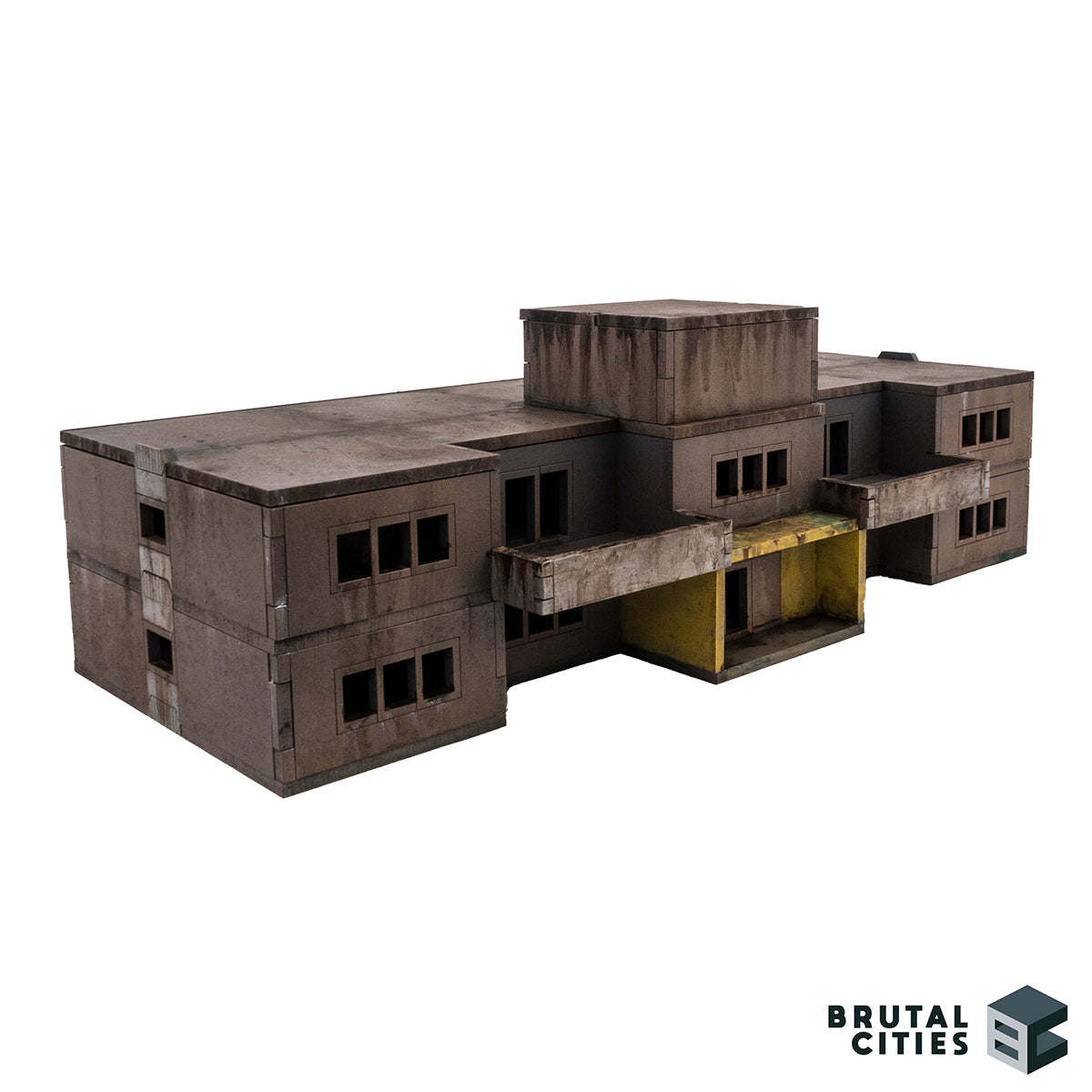 Model of a concrete soviet apartment block building with 'Brutal Cities' branding on a white background