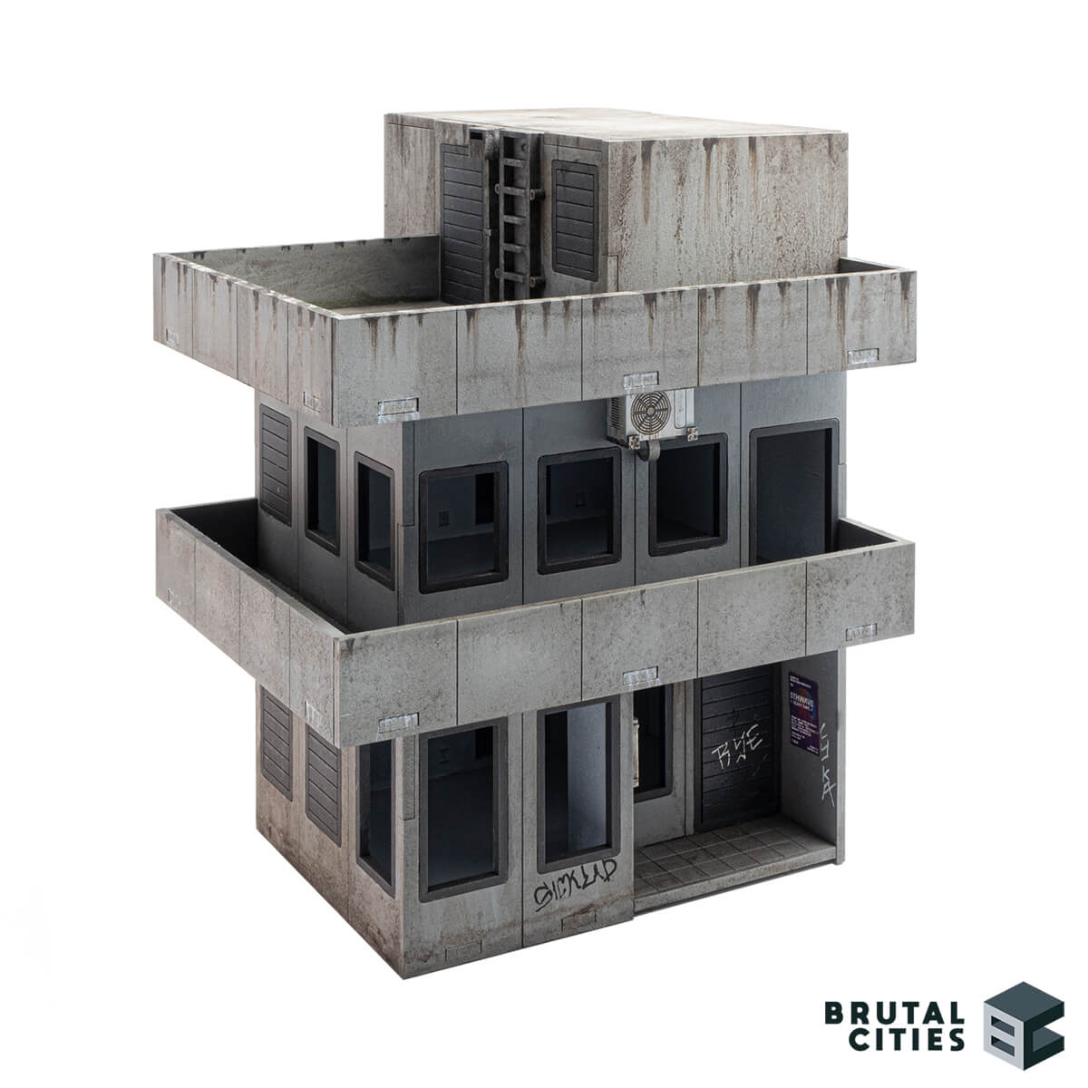 Brutalist miniature wargaming terrain model kit. Three storeys with balconies.