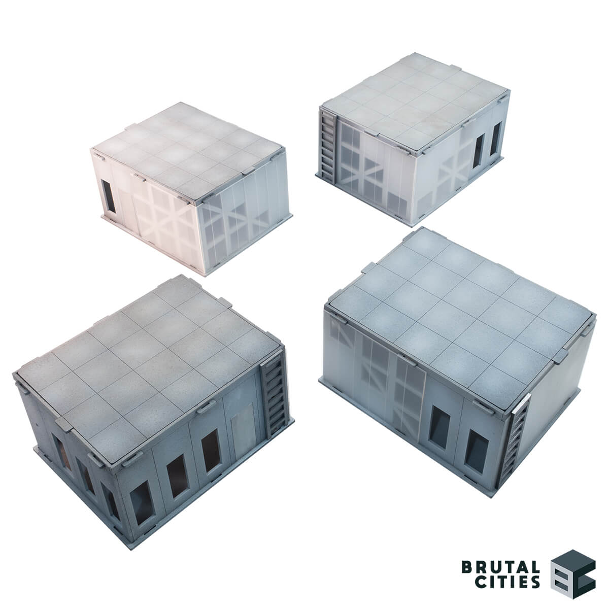 four sci-fi lab terrain pieces with rooftop ladder access