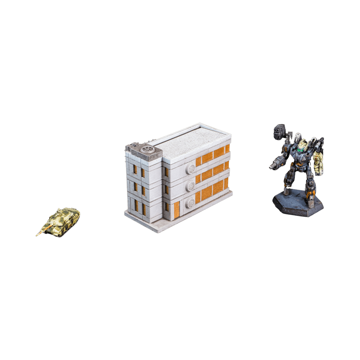 3d printed office building with battletech mech and tank miniatures