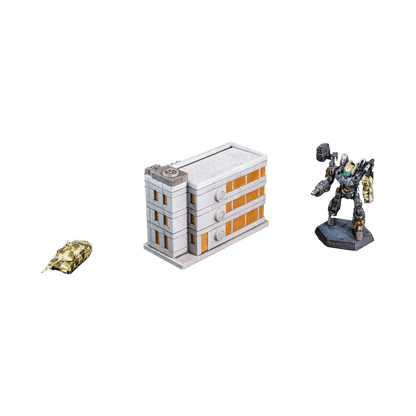 3d printed office building with battletech mech and tank miniatures