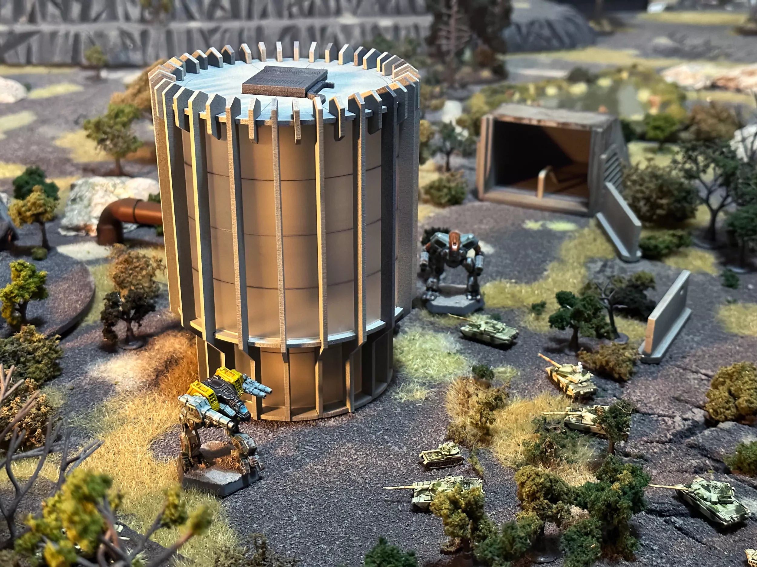 6mm battletech terrain with walkers and tanks below