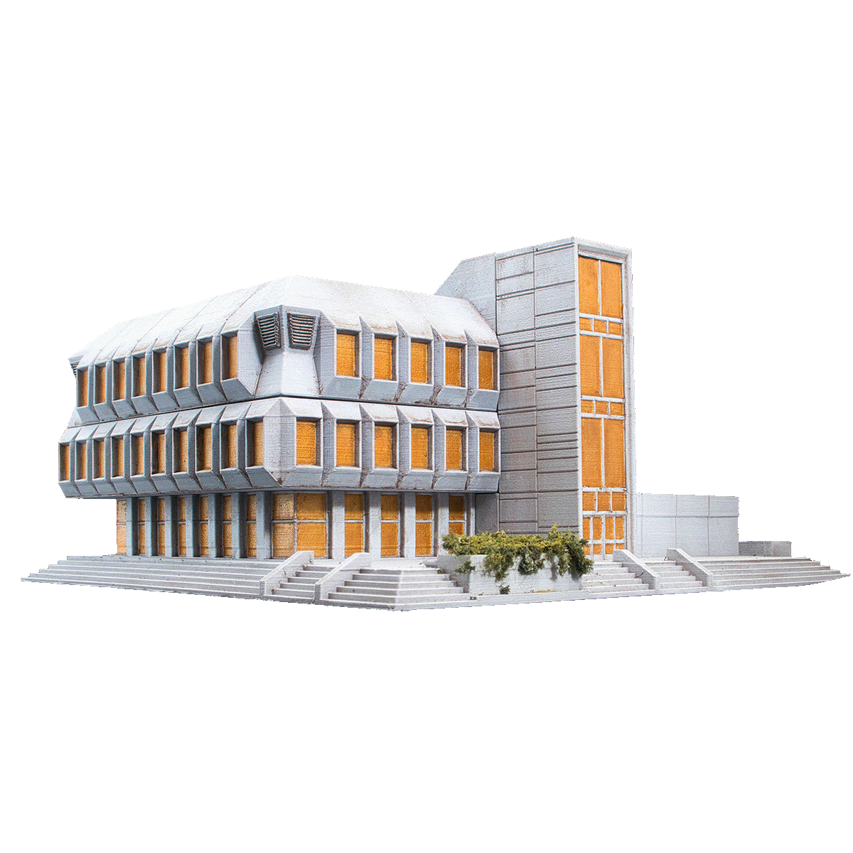 Brutalist library building 6mm tabletop terrain model painted white and gold