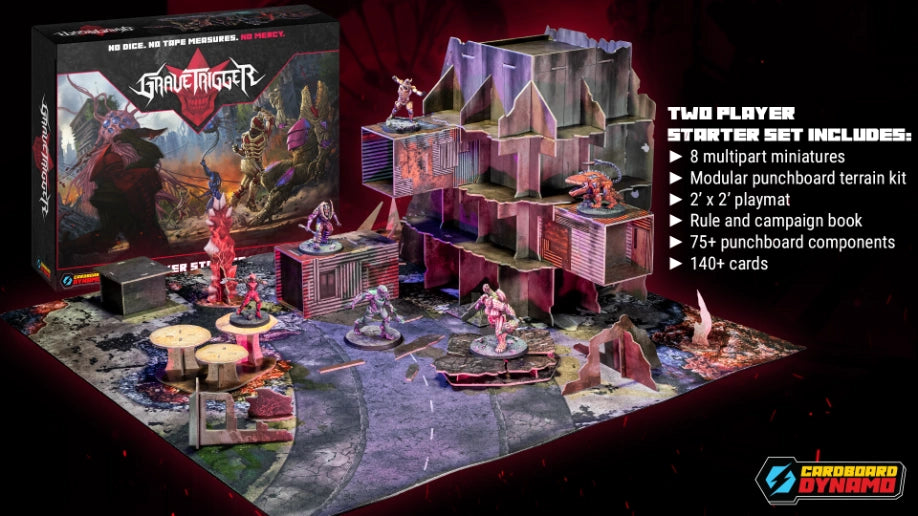 Cardboard Dynamo's 'Grave Trigger' two-player starter set displayed on a dark red background, showing the illustrated box, a modular miniatures terrain kit, and assembled tabletop battle scene with miniatures and terrain. Text on the right lists included components.