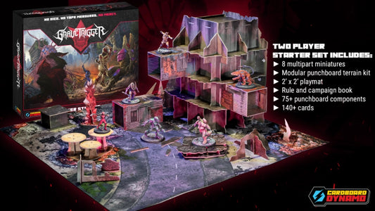 Cardboard Dynamo's 'Grave Trigger' two-player starter set displayed on a dark red background, showing the illustrated box, a modular miniatures terrain kit, and assembled tabletop battle scene with miniatures and terrain. Text on the right lists included components.