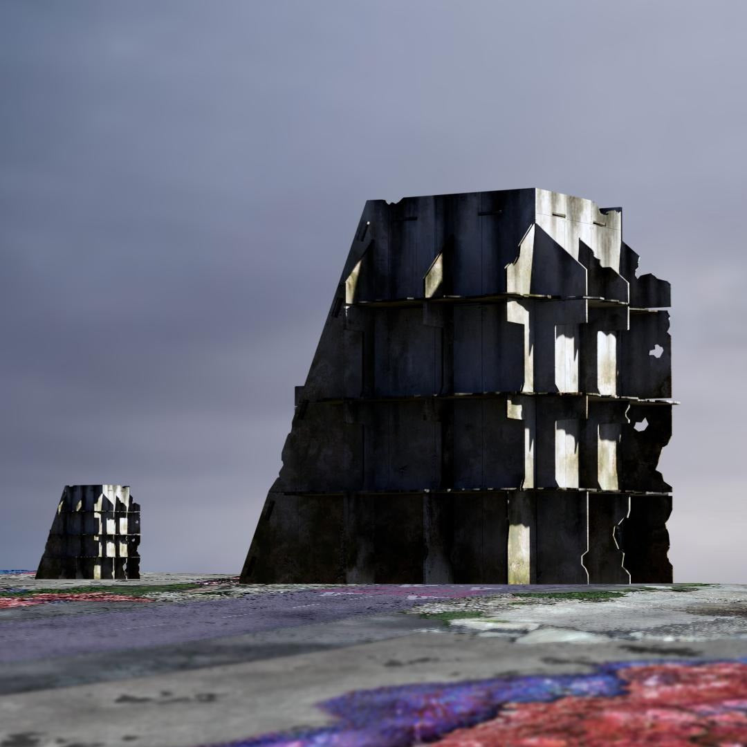 post apocalyptic ruined building megastructures on desolate landscape