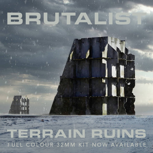 post apocalyptic brutalist ruins megastructures on desolate snowy landscape. Text reads "Brutalist Terrain Ruins Full Colour 32mm Kit Now Available"