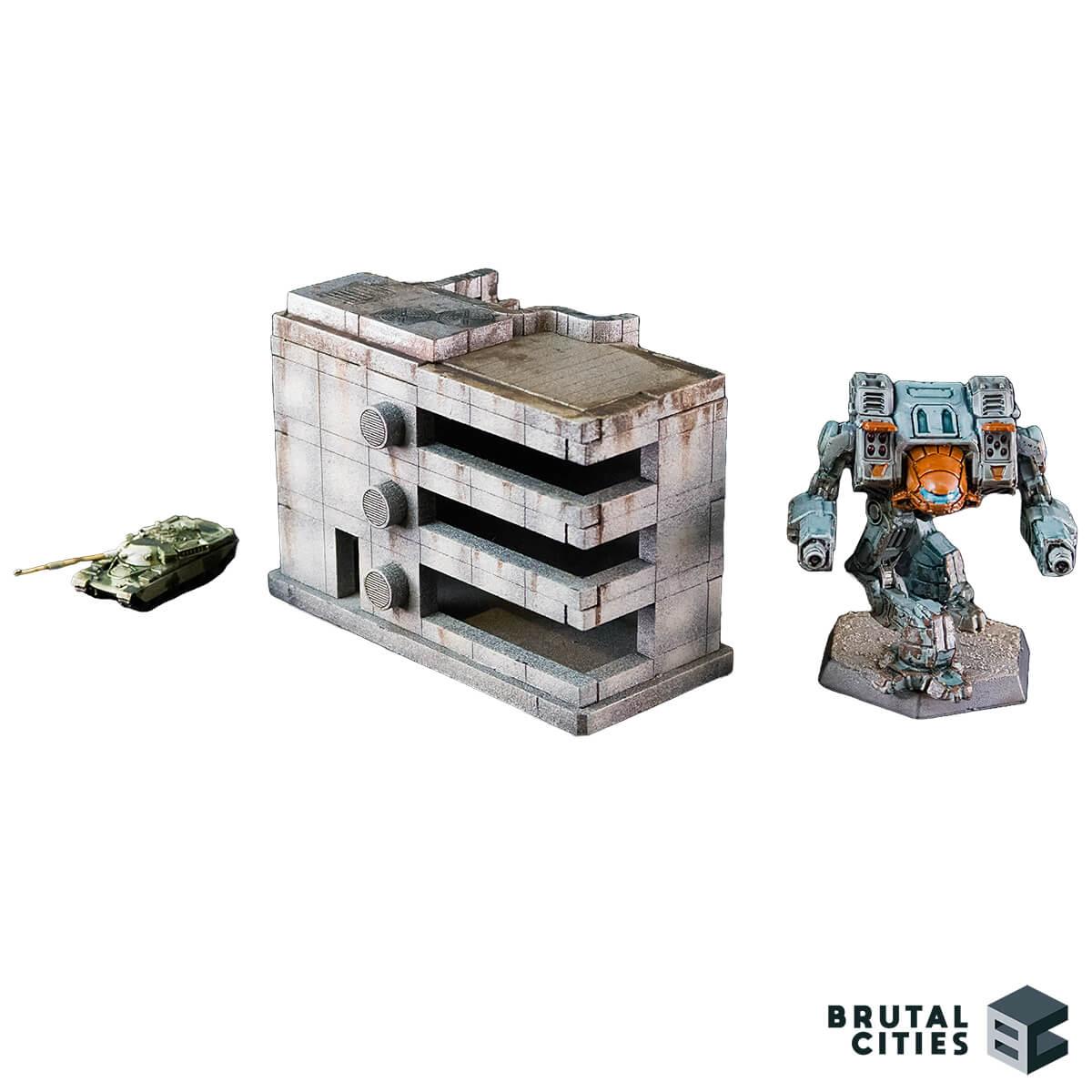 6mm Sci-fi Terrain office building - gray with battletech mech and Chieftain tank