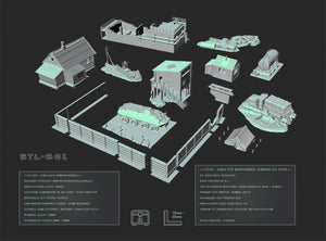 diagram showing ruined buildings, walls, vehicle wrecks and shacks and scatter terrain for 3d printing