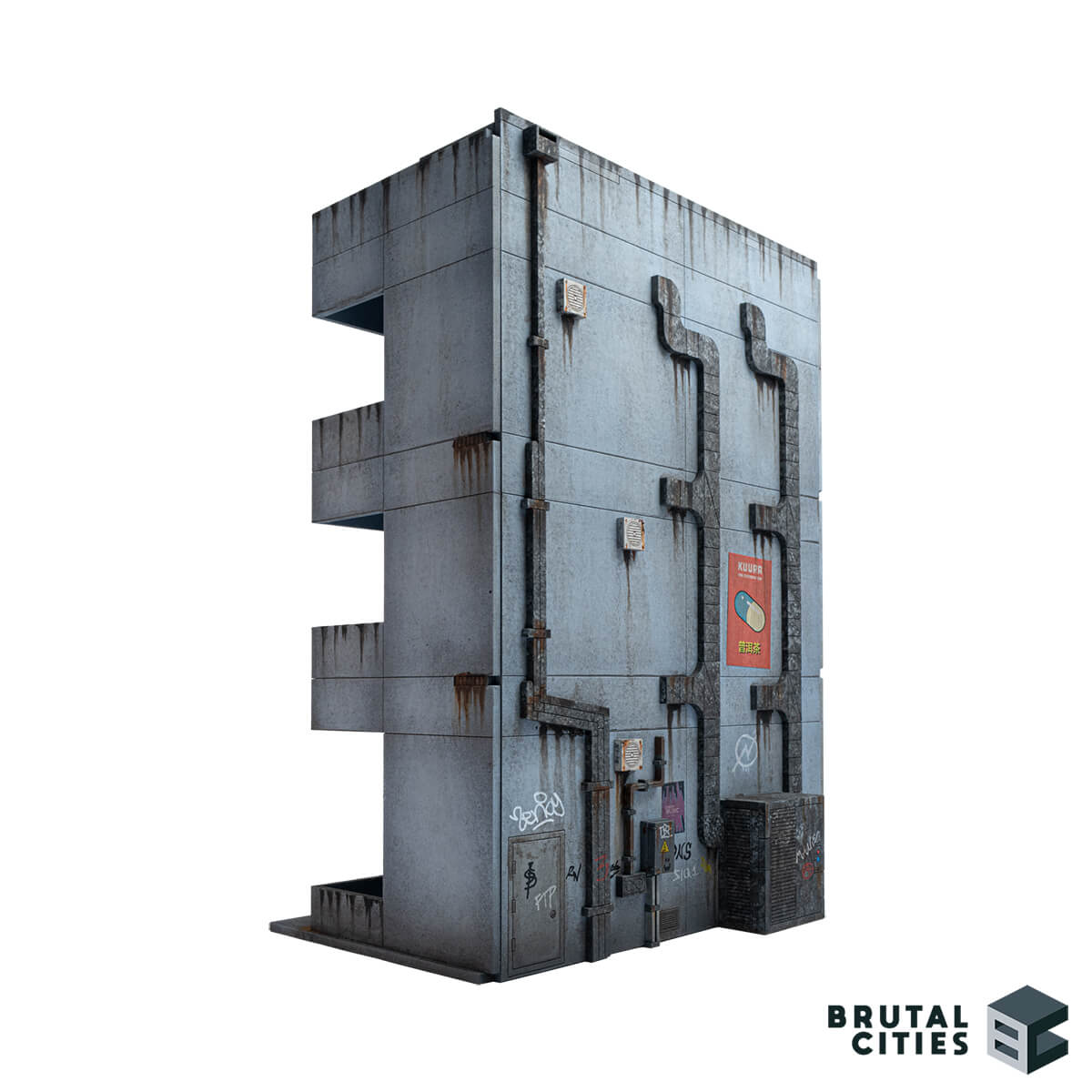 28mm terrain office building with cyberpunk posters and ducting