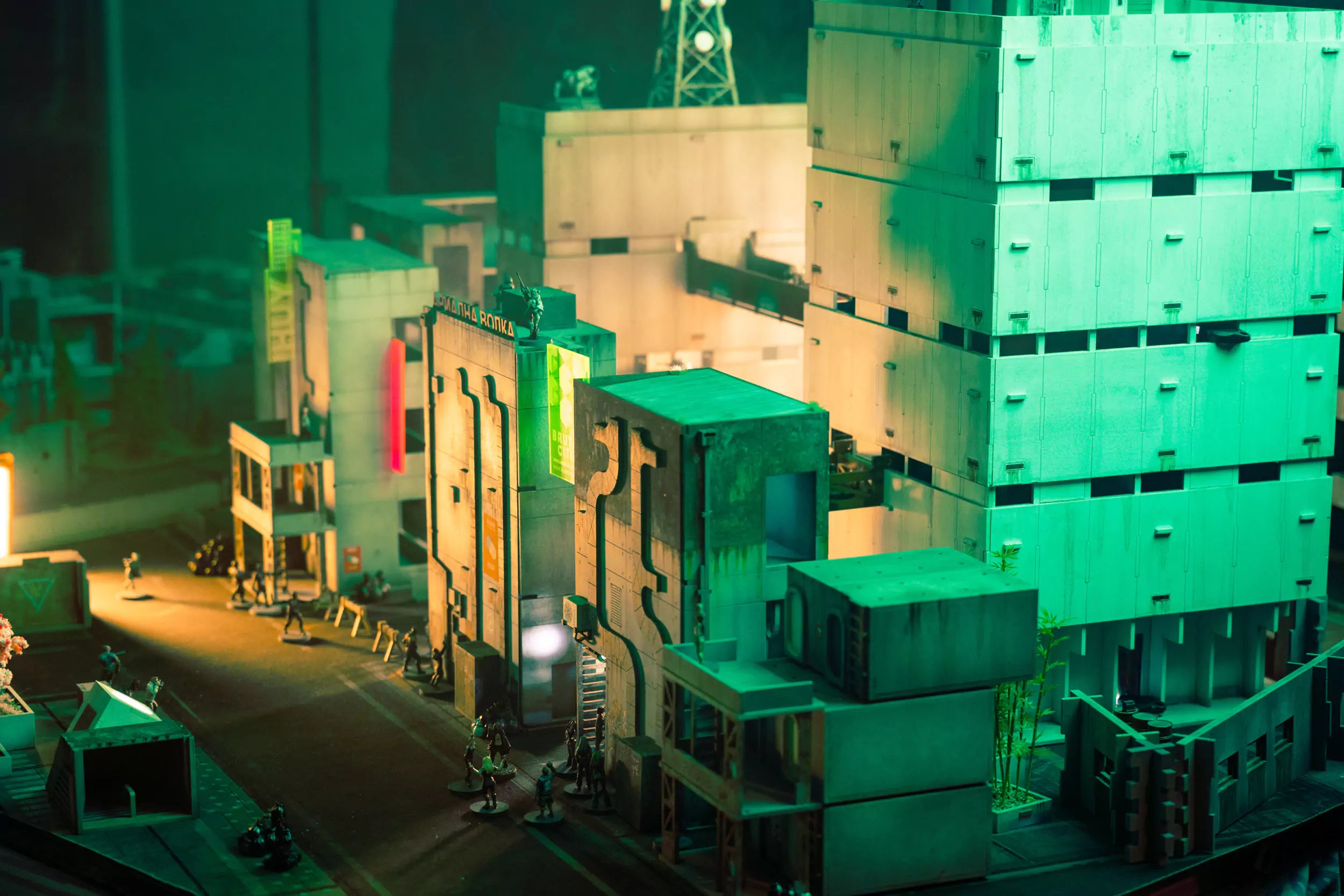 cyberpunk urban terrain with gangs fighting in the streets and neon lights