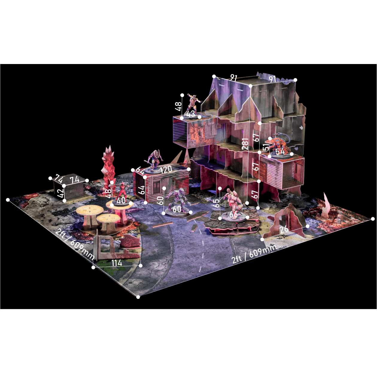 A pre-painted and assembled miniature diorama of a ruined sci-fi city with mutant miniatures, shown on a black background with white dimension labels overlaid.
