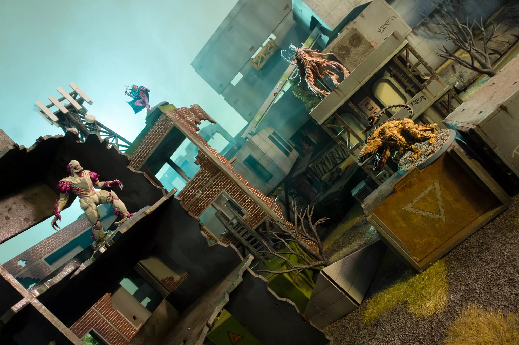 Ruined city with grave trigger miniatures and eerie misty lighting