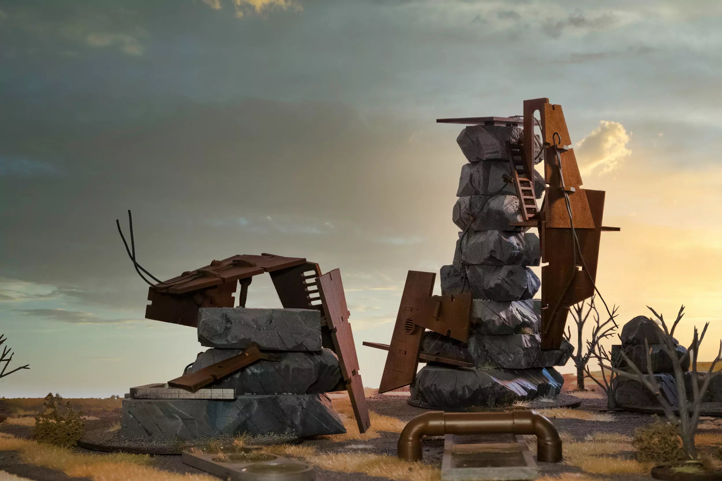 Post apocalyptic terrain badlands with alrge rock spires and rusty metal