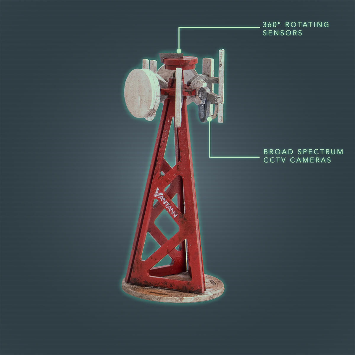 Surveillance mast comms tower terrain with cameras and microwave transmitters