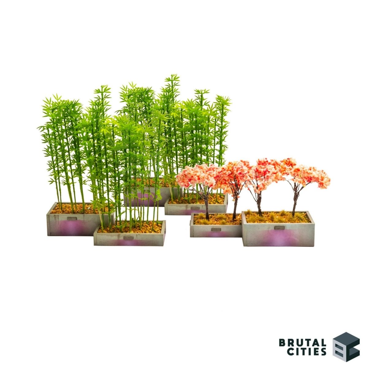 Three planter box kits with added trees and plants