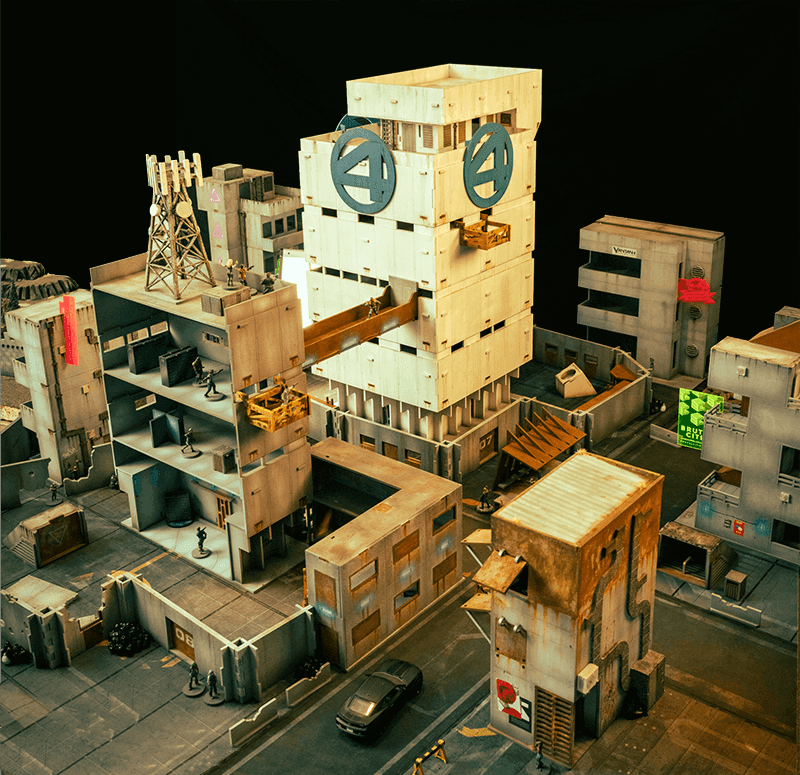Judge Dredd miniatures fighting in mega city one wargaming terrain 