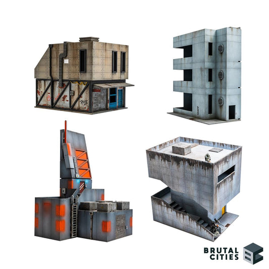 Bundle of 28mm Brutalist MDF wargaming terrain for modern, cyberpunk and sci-fi settings. Pictures show grimey concrete buildings, a hong kong inspired shop, a minimalist office building, a tall data centre tower to block LOS and a massive concrete building with a large stairway.