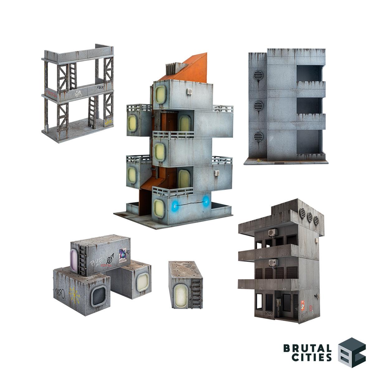 Bruteopolis wargaming terrain bundle with 5 MDF building kits