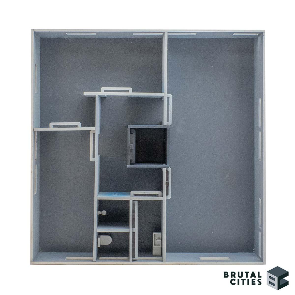 Floor plan of the internal wall terrain for bruteopolis plaza tower arranged into four separate rooms and bathroom
