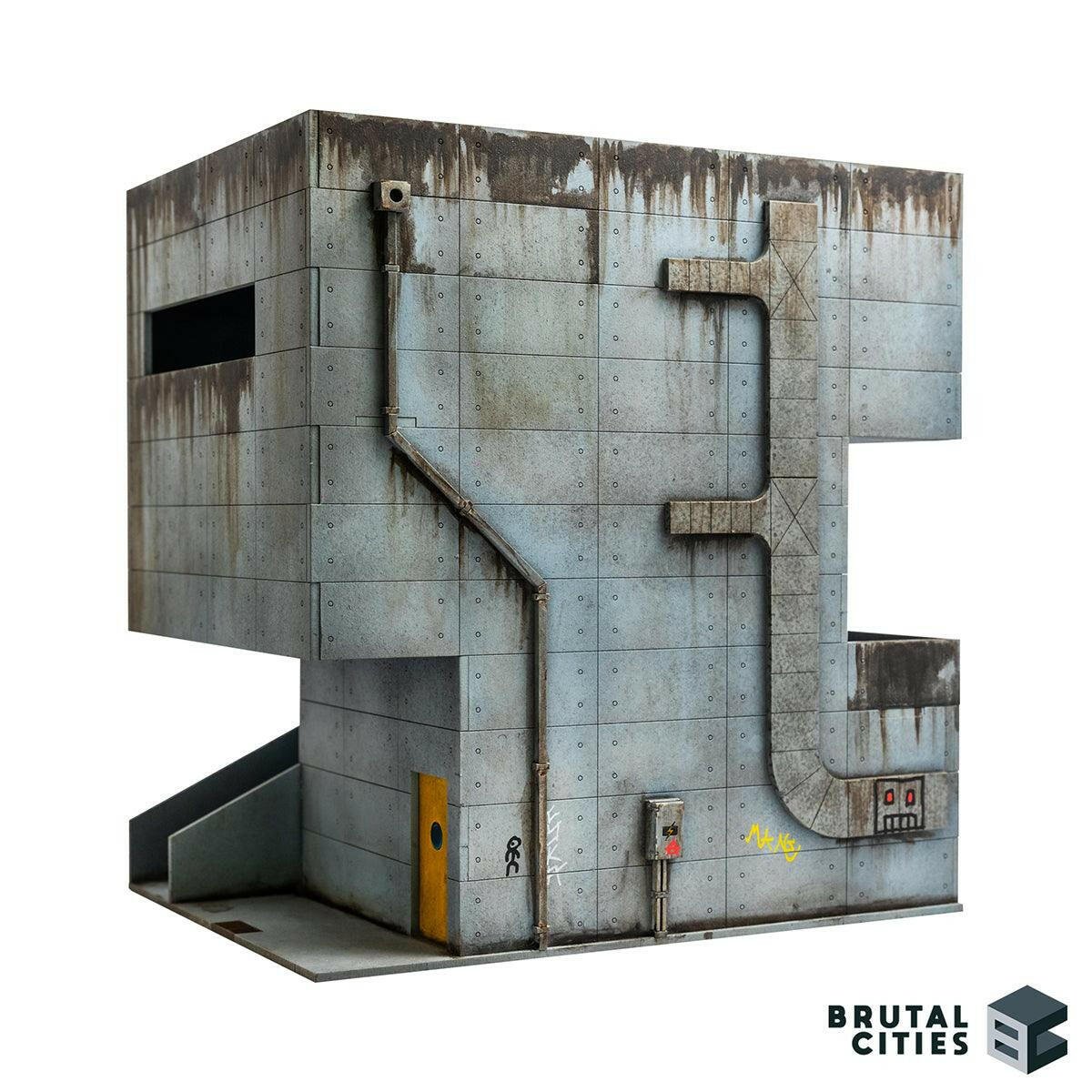 Concrete Brutalist 28mm tabletop terrain kit. Aircon ducting, downpipe and electrical conduit with a cyberpunk feel.