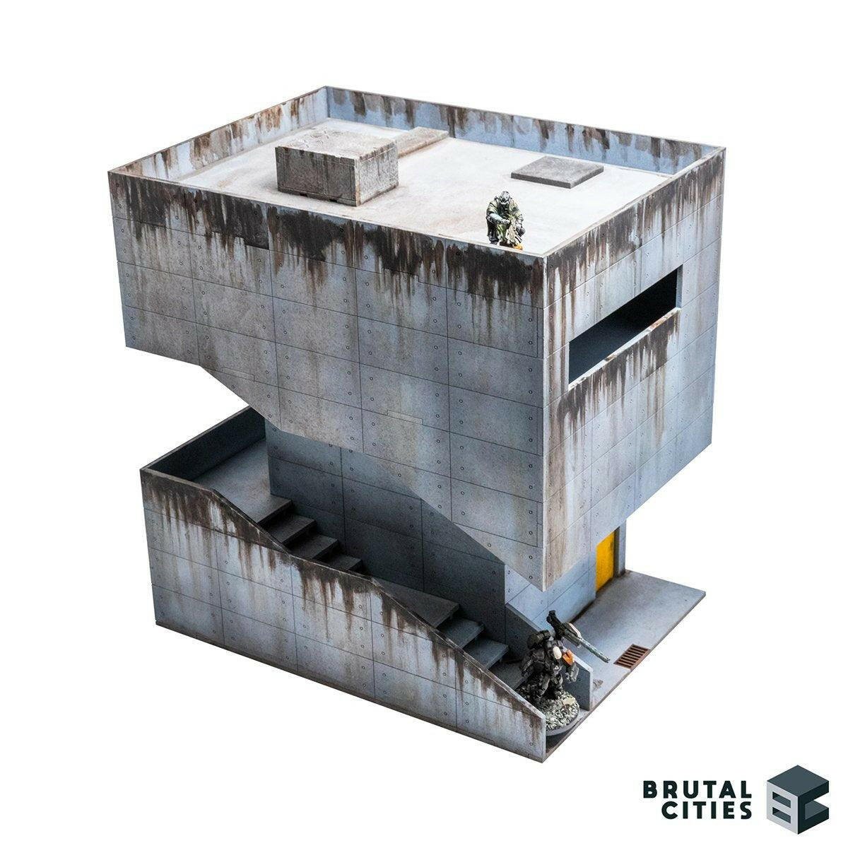 Concrete Brutalist terrain kit with a staircase and grime. Suitable for Sci-fi and cyberpunk settings. Aircon on roof