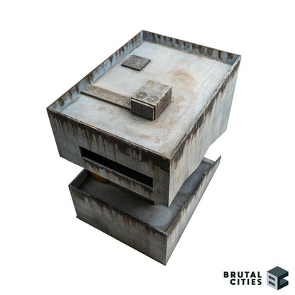 Rooftop view of cyberpunk and brutalist inspired MDF wargaming terrain building. 