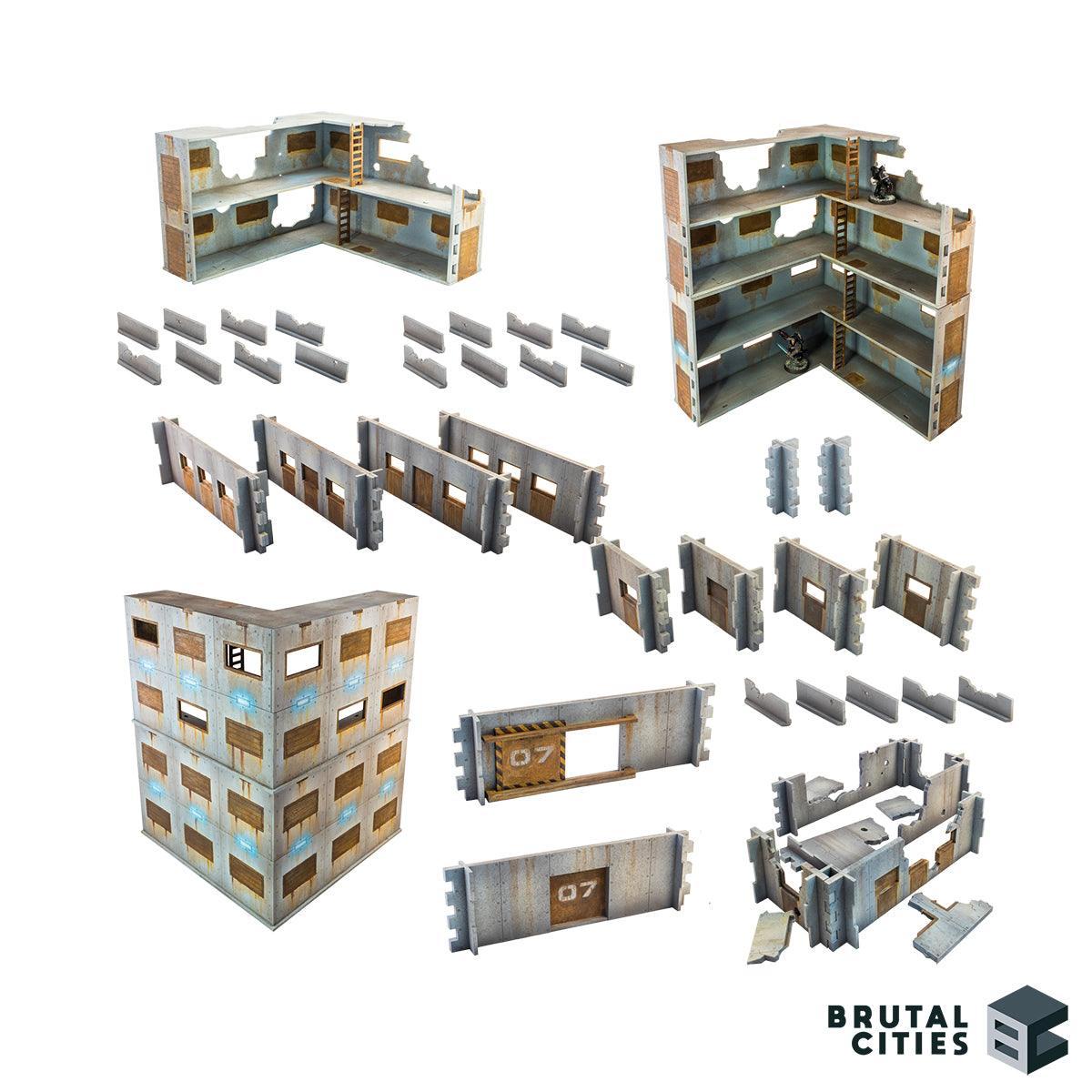 MDF terrain bundle with bunker walls, concrete walls, ruined buildings and 4 story high ruins with ladders