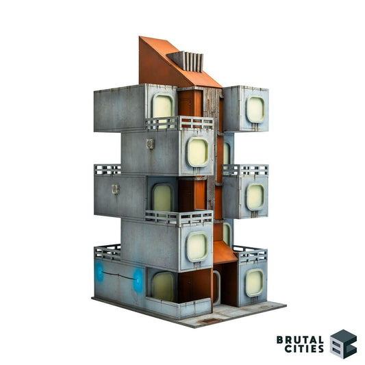 cyberpunk terrain tower - 28mm scaled 5 storey apartment tower with orange lift core